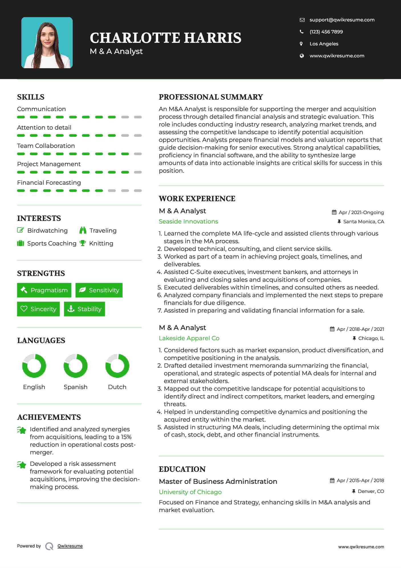 M & A Analyst Resume Model