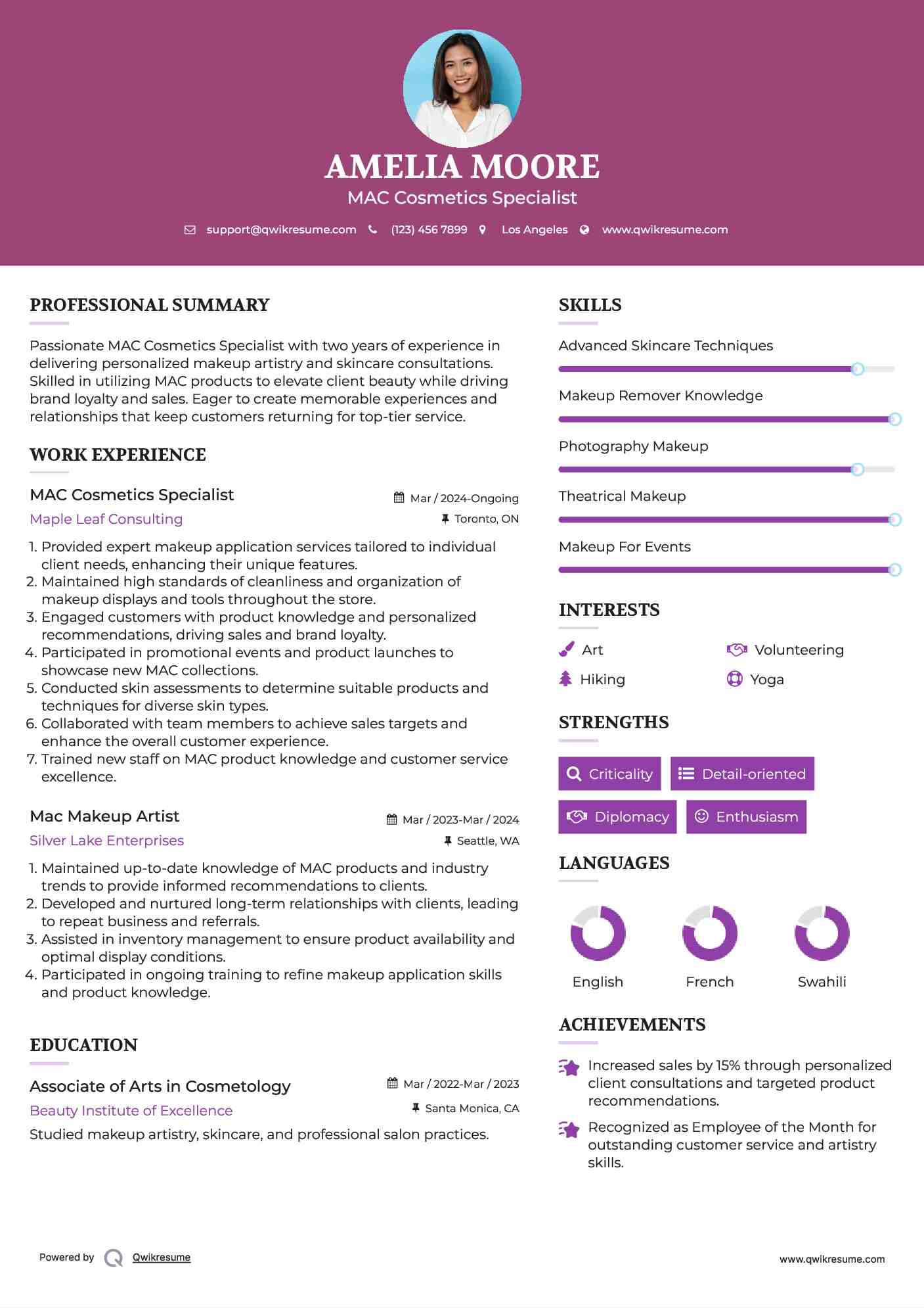 MAC Cosmetics Specialist Resume Format