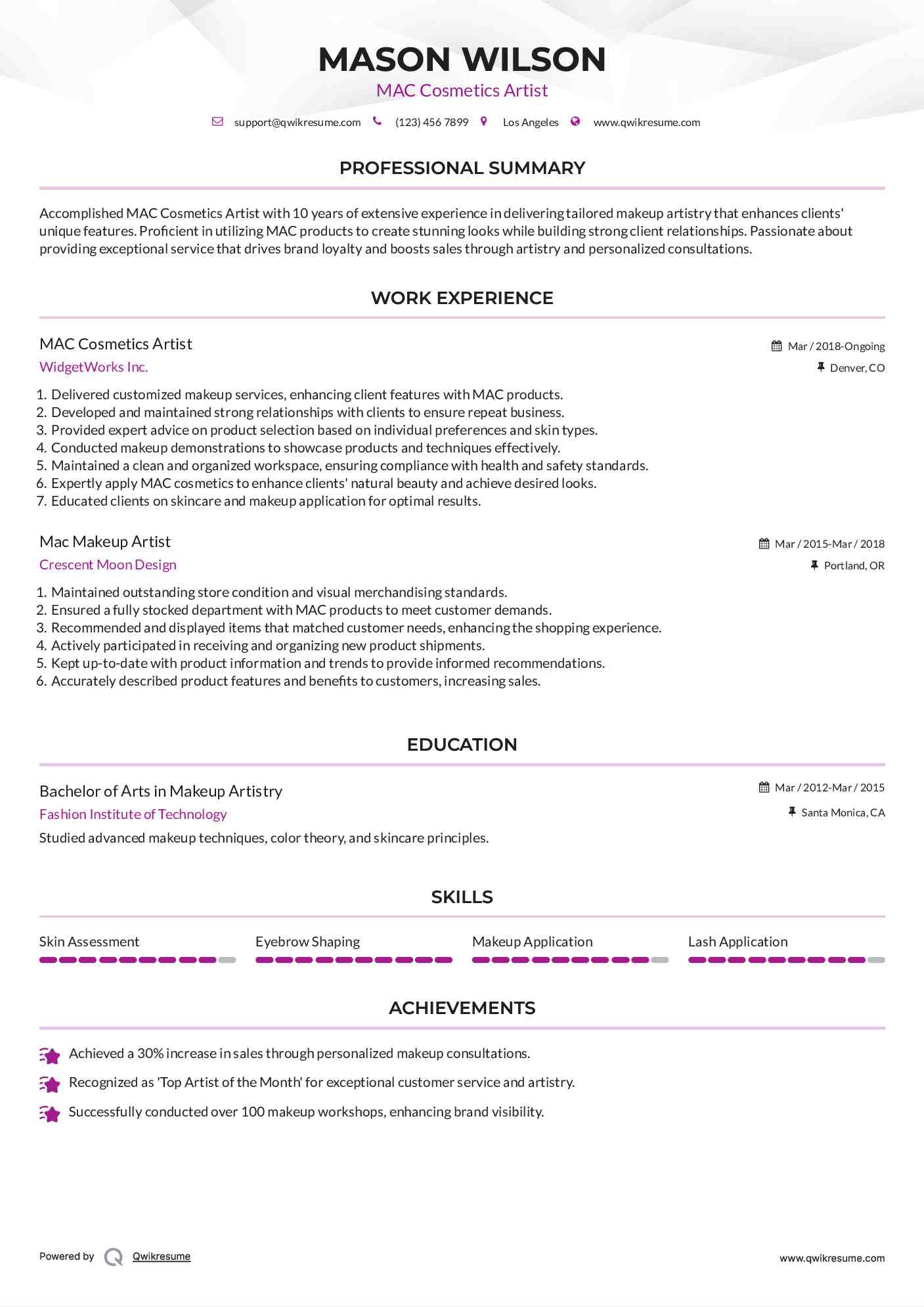 MAC Cosmetics Artist Resume Model
