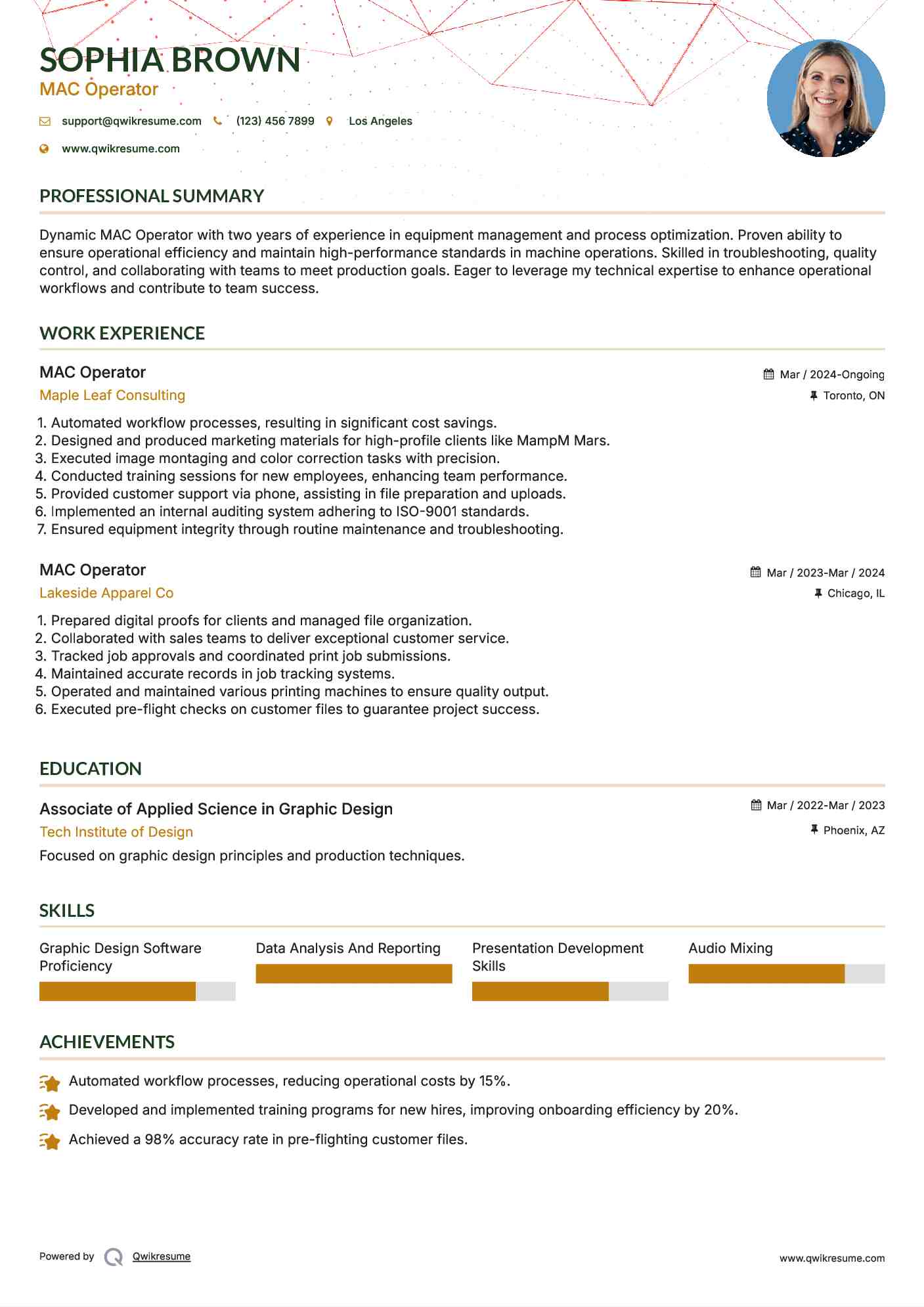 MAC Operator Resume Sample