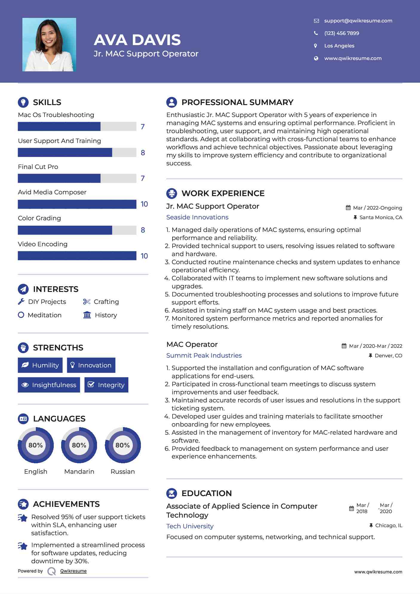 Jr. MAC Support Operator Resume Sample