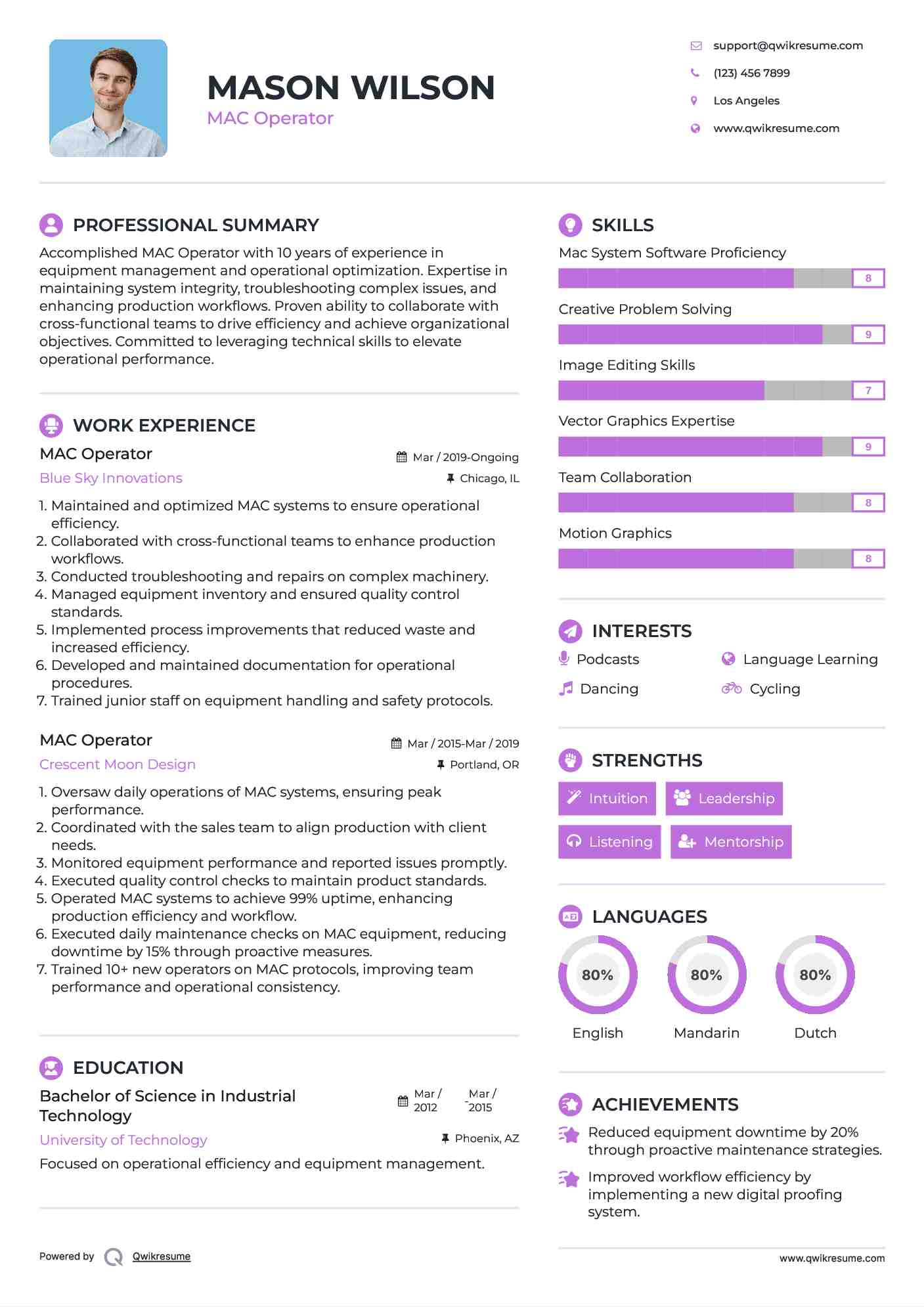 MAC Operator Resume Template