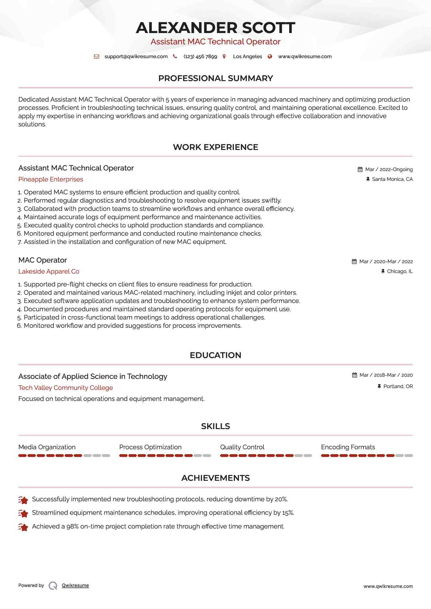 Assistant MAC Technical Operator Resume Template