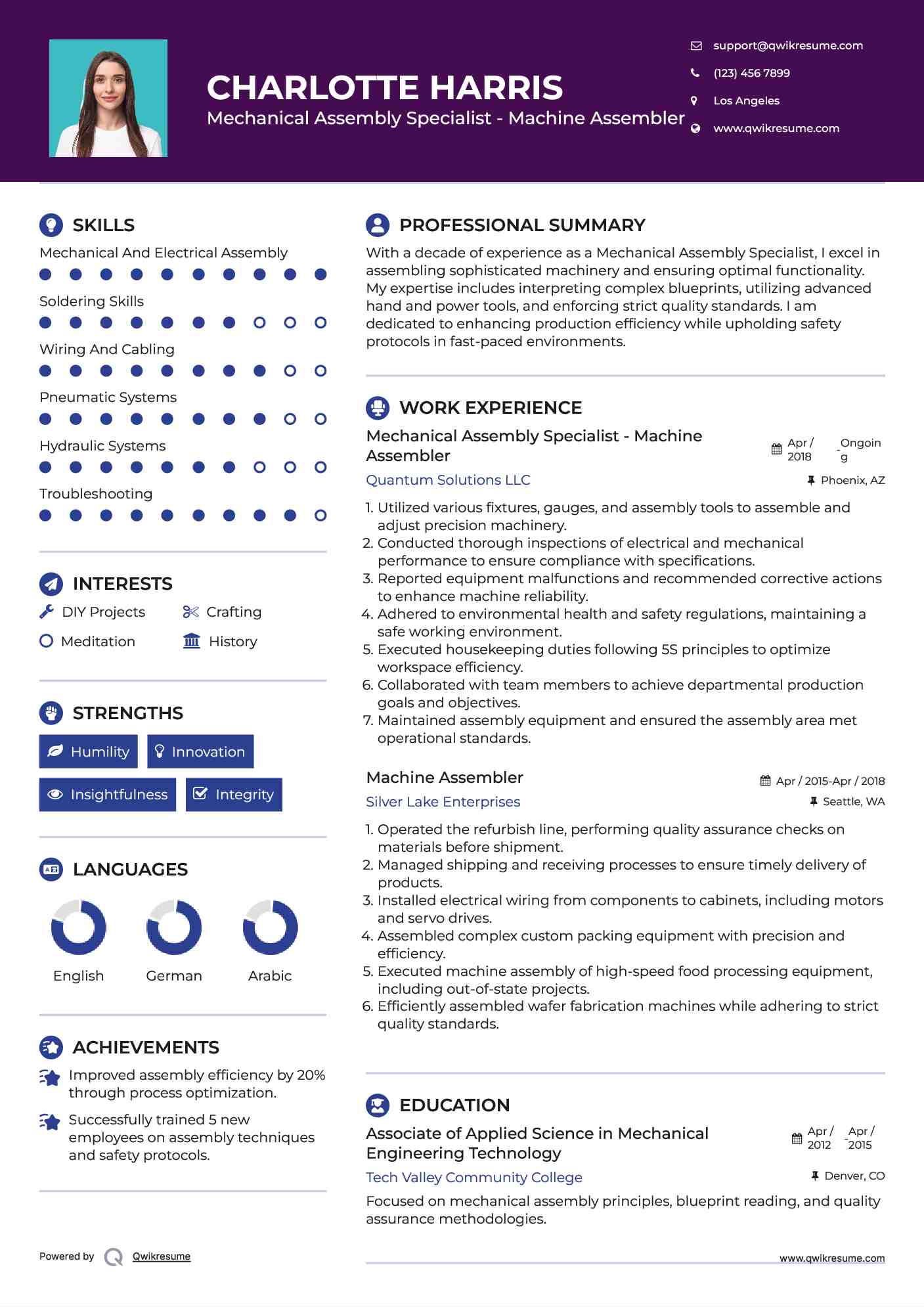Mechanical Assembly Specialist - Machine Assembler Resume Example