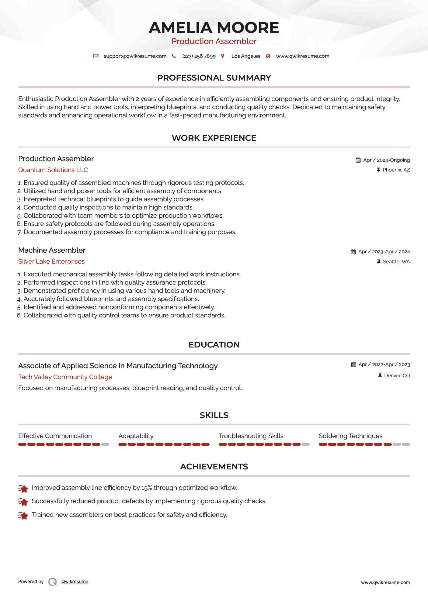 Production Assembler Resume Sample