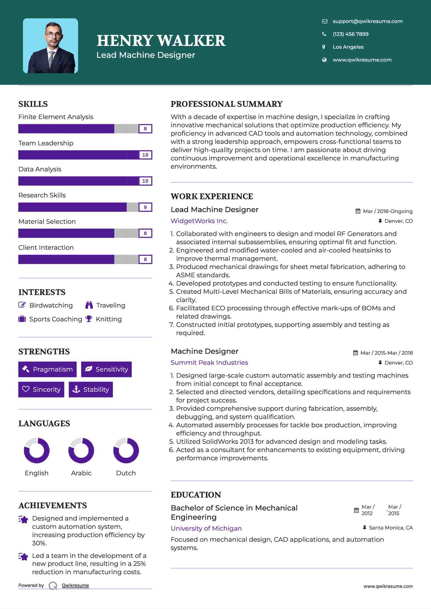 Lead Machine Designer Resume Format