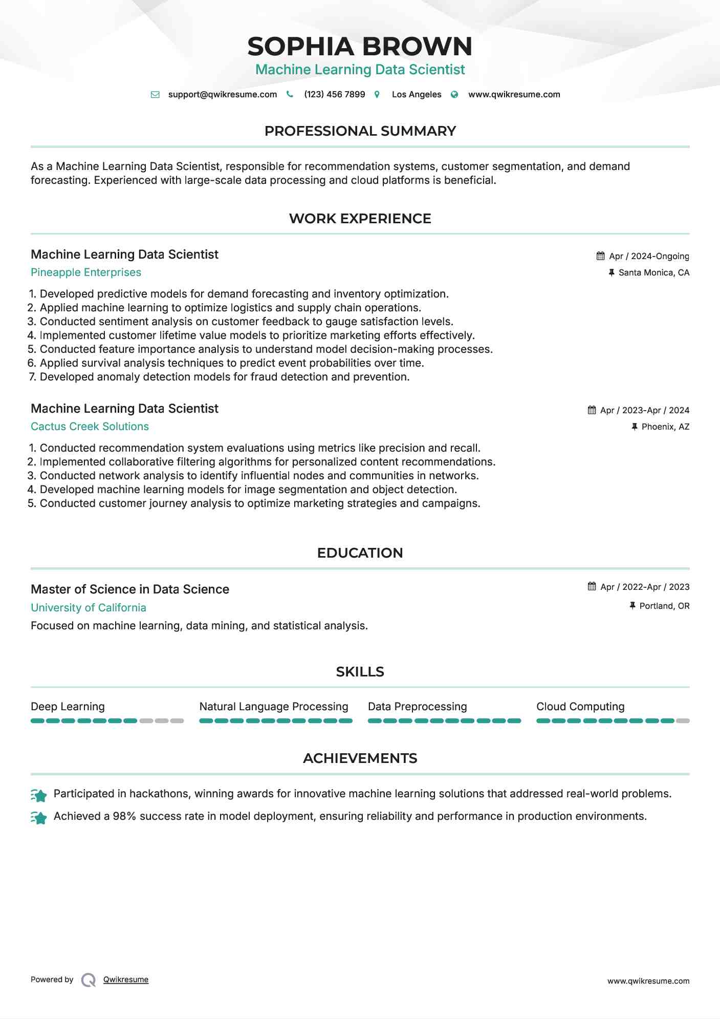 Machine Learning Data Scientist Resume Example