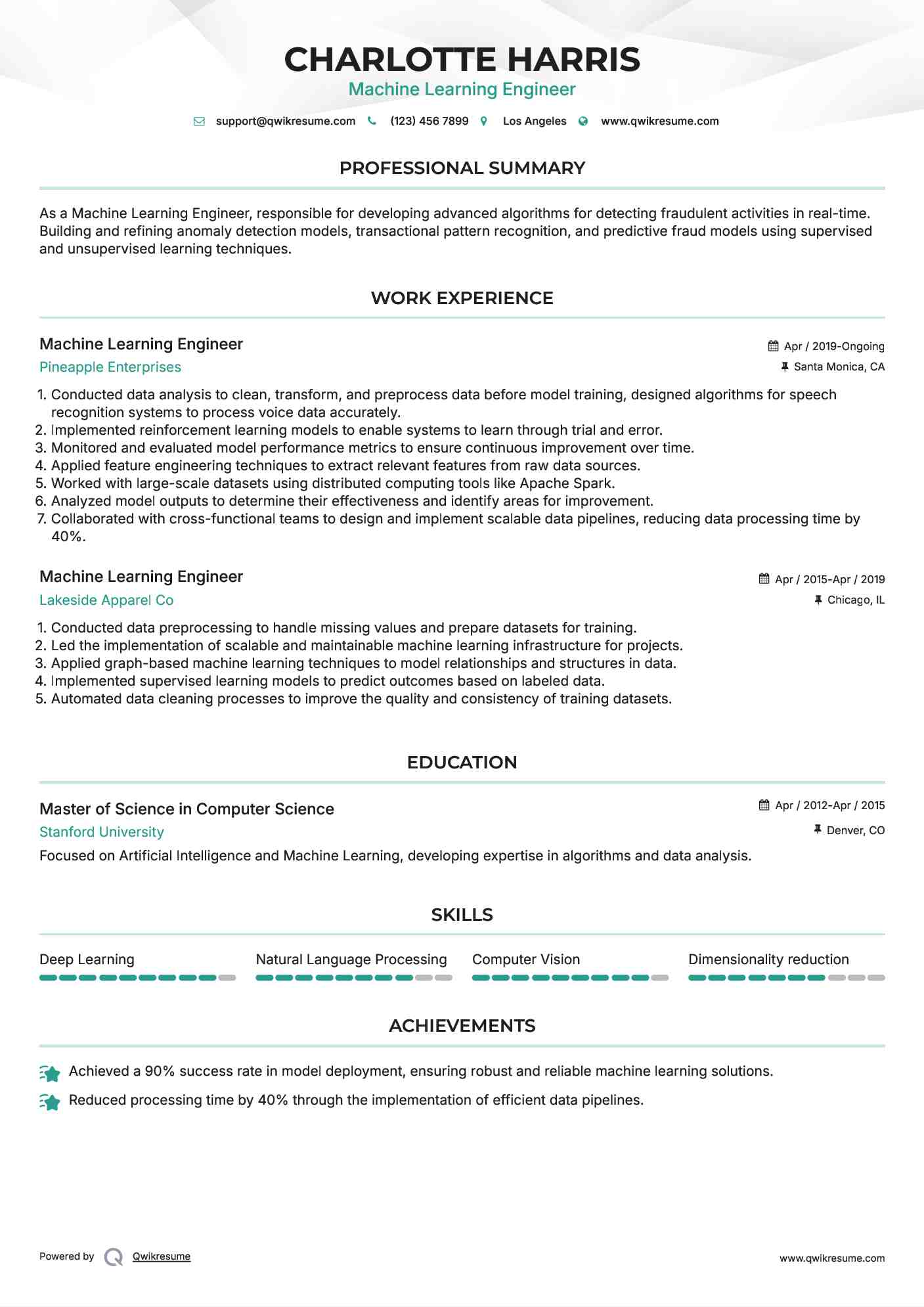 Machine Learning Engineer Resume Sample