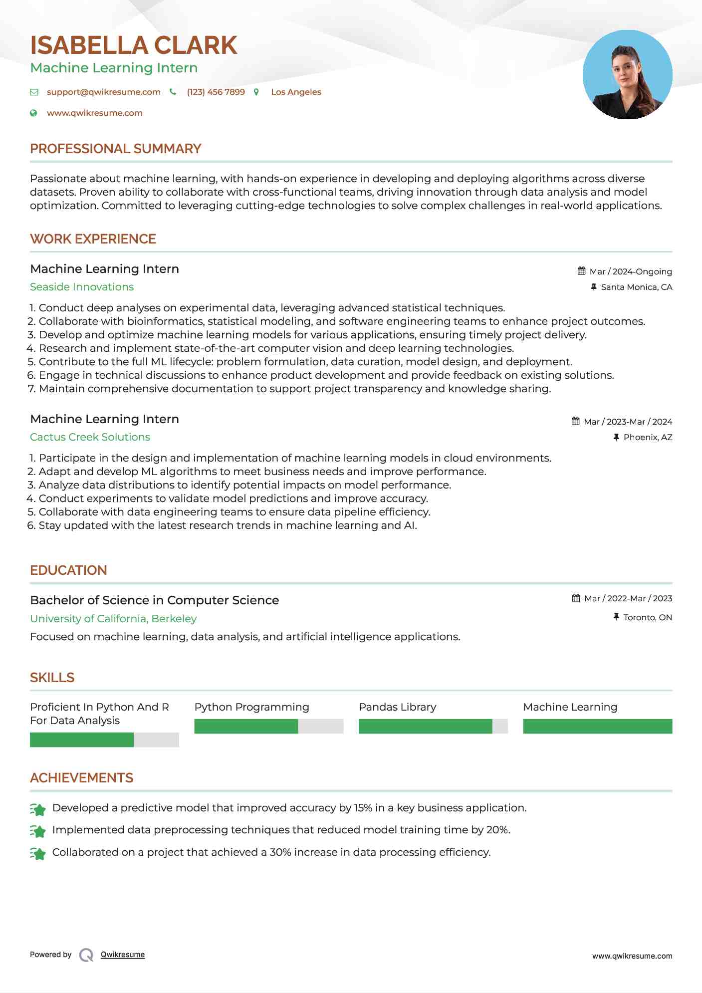 Machine Learning Intern Resume Format