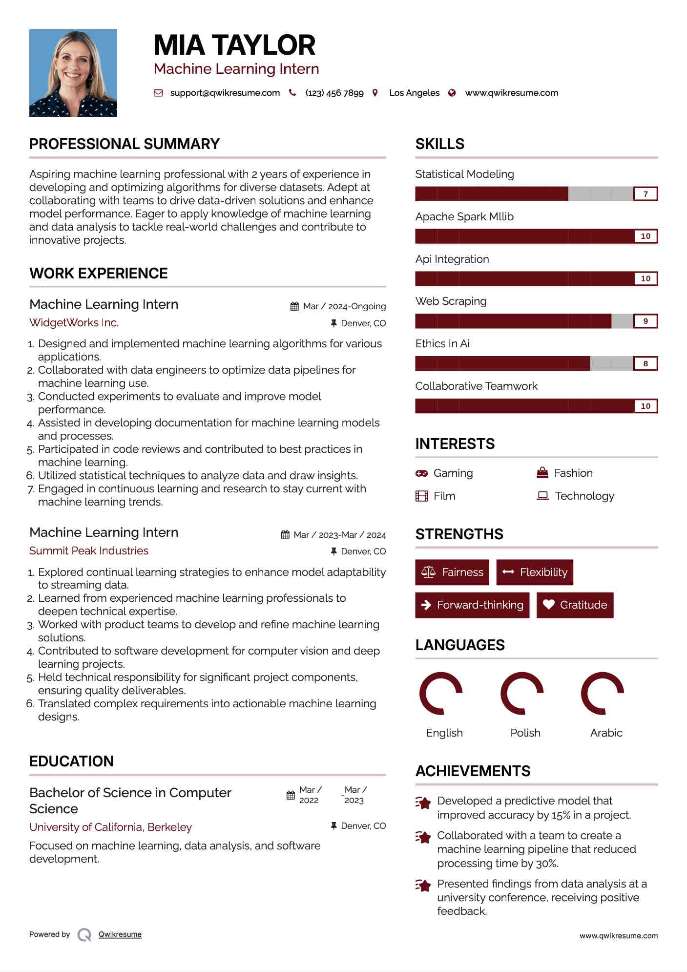 Machine Learning Intern Resume Template