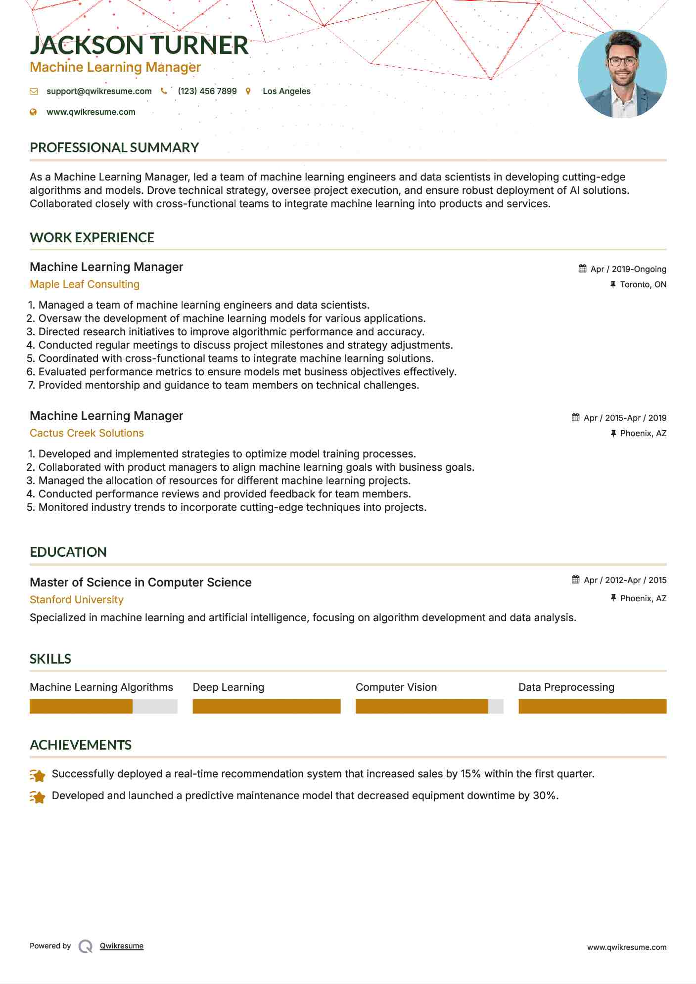 Machine Learning Manager Resume Sample