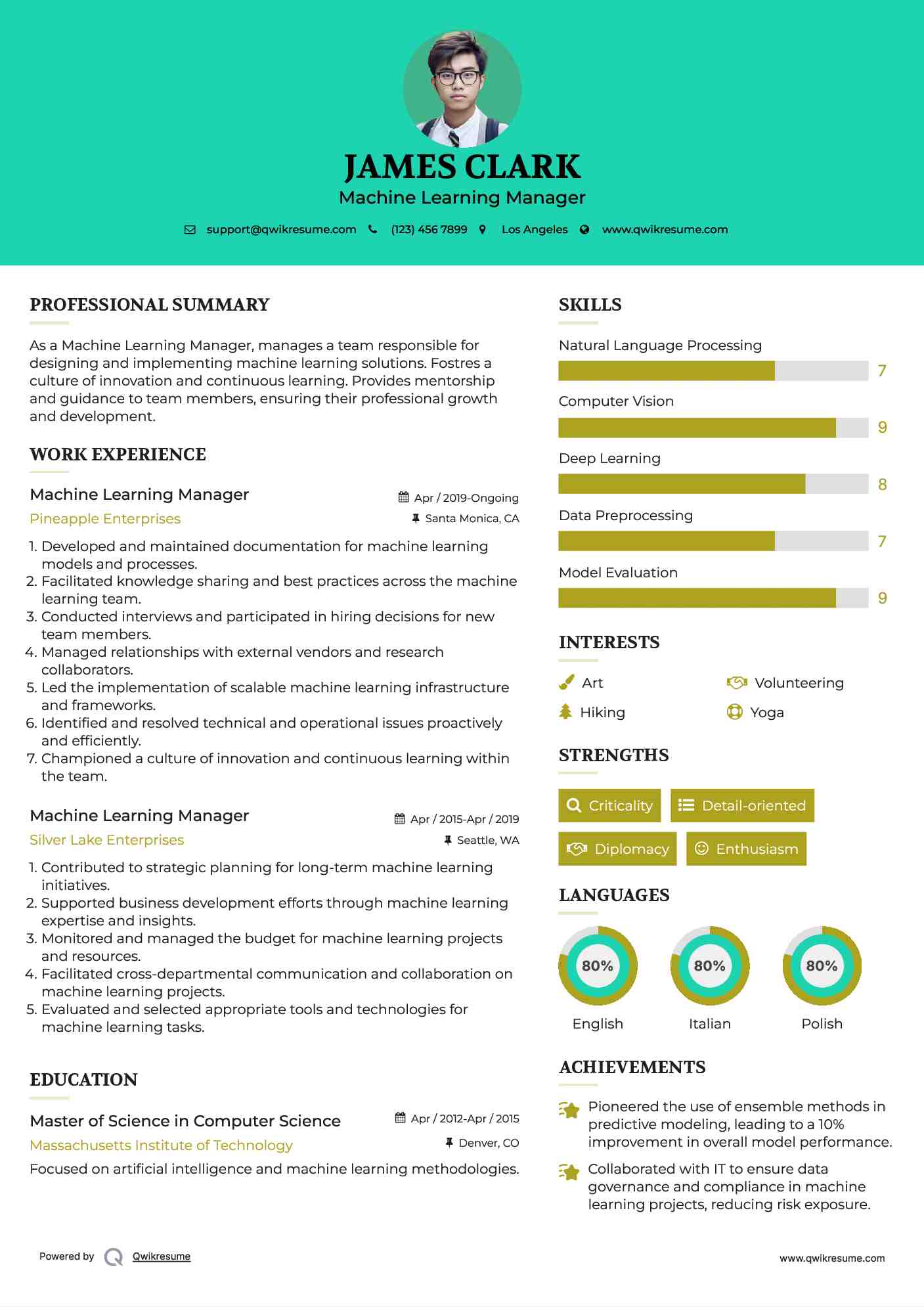 Machine Learning Manager Resume Model