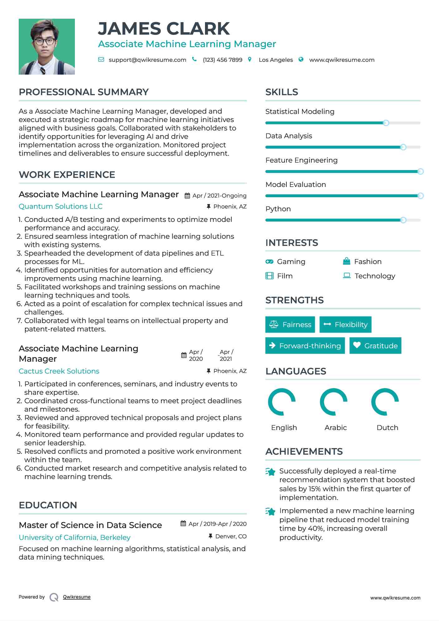Associate Machine Learning Manager Resume Example