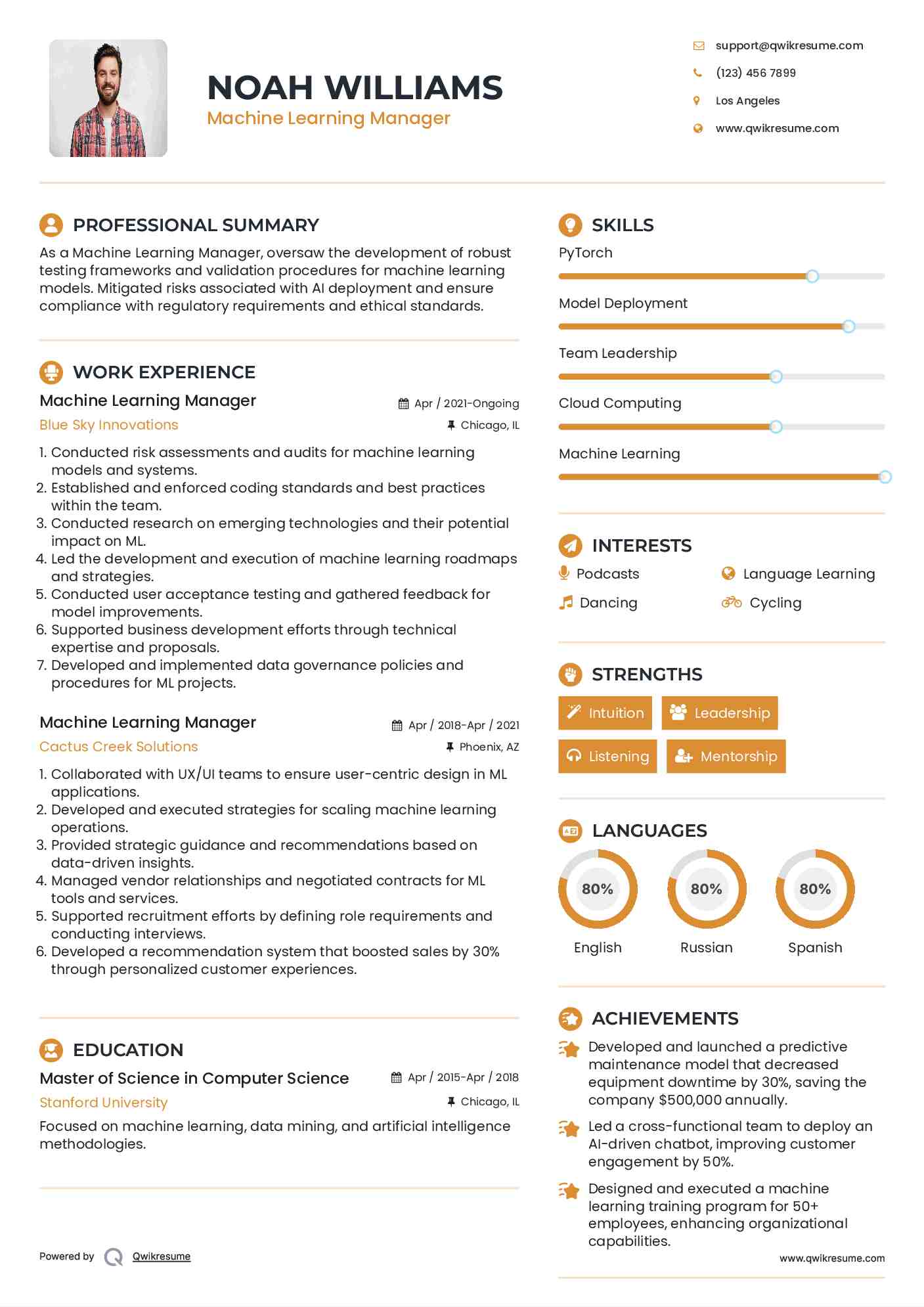 Machine Learning Manager Resume Sample