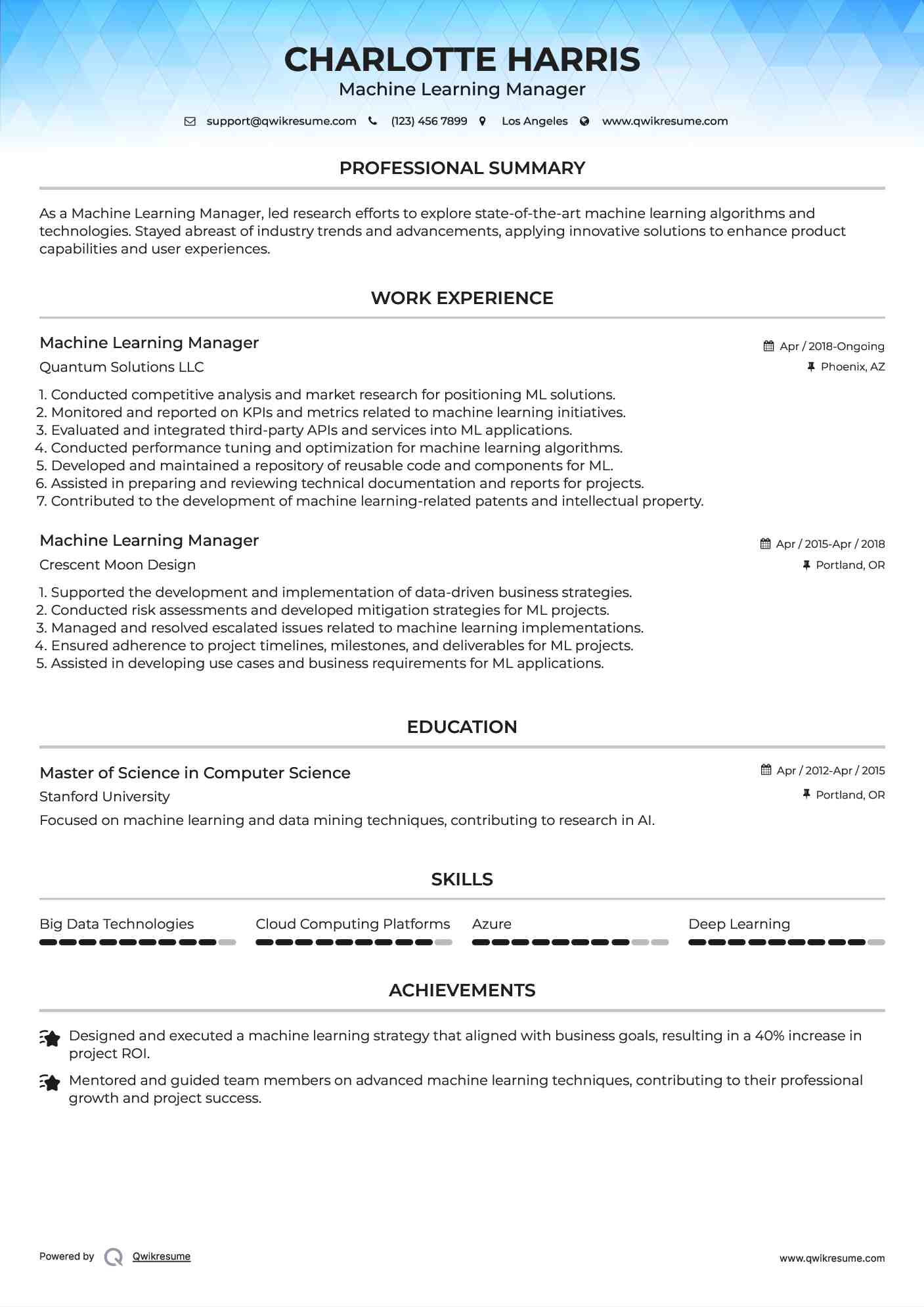 Machine Learning Manager Resume Example