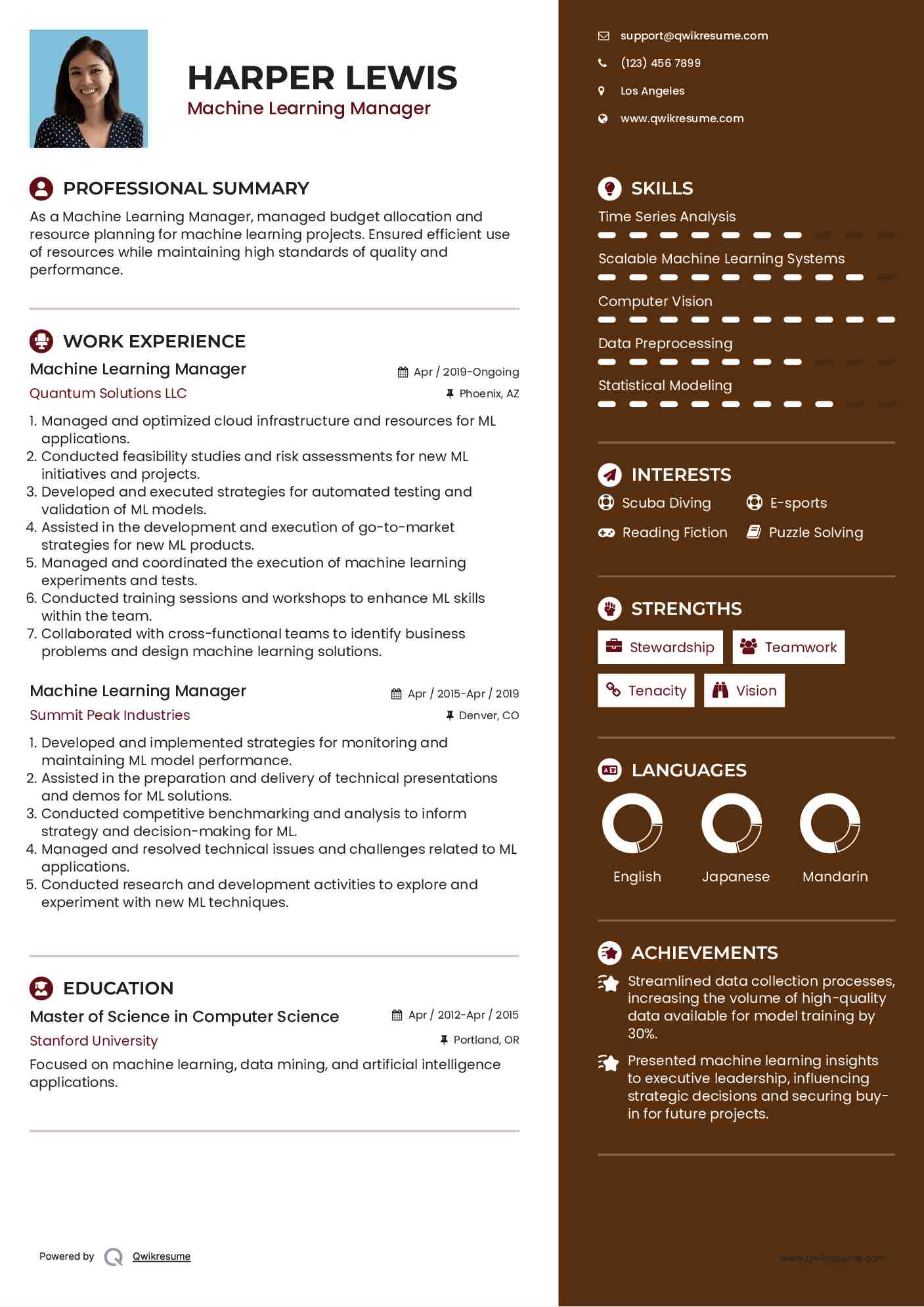 Machine Learning Manager Resume Format
