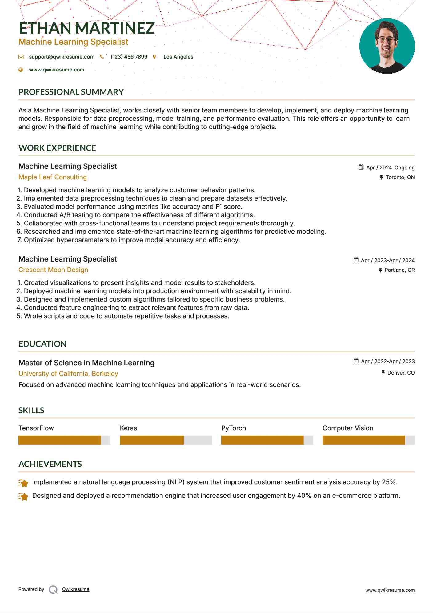 Machine Learning Specialist Resume Example