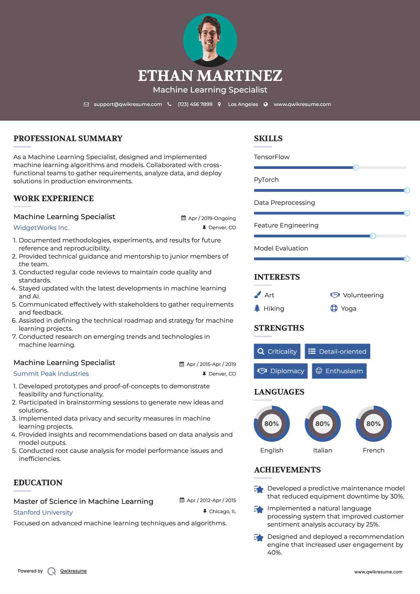 Machine Learning Specialist Resume Example