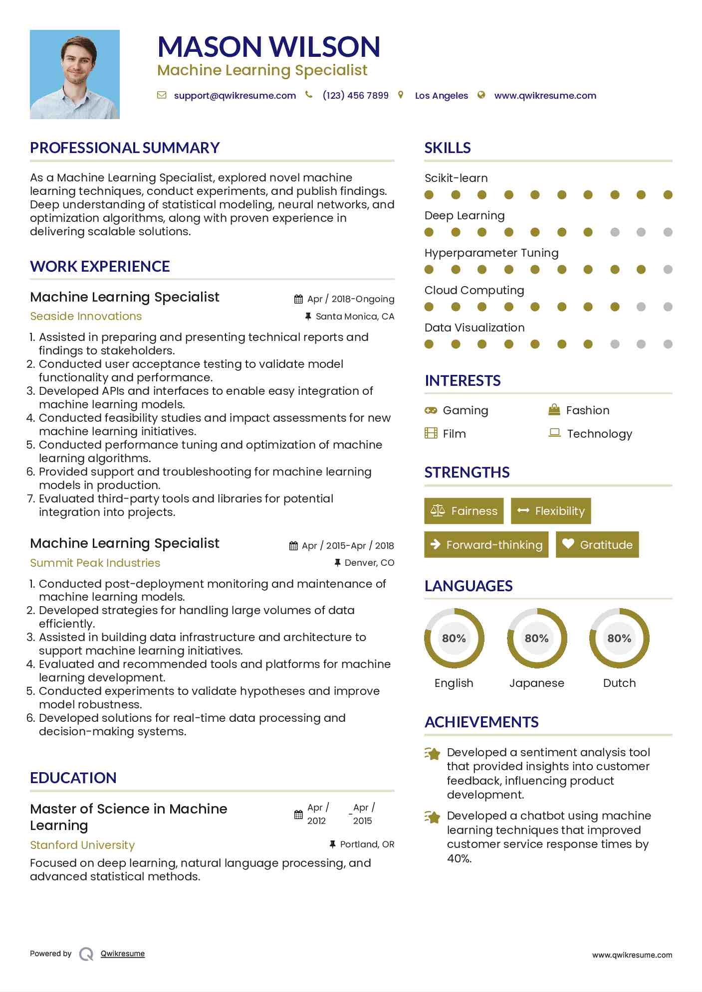 Machine Learning Specialist Resume Example