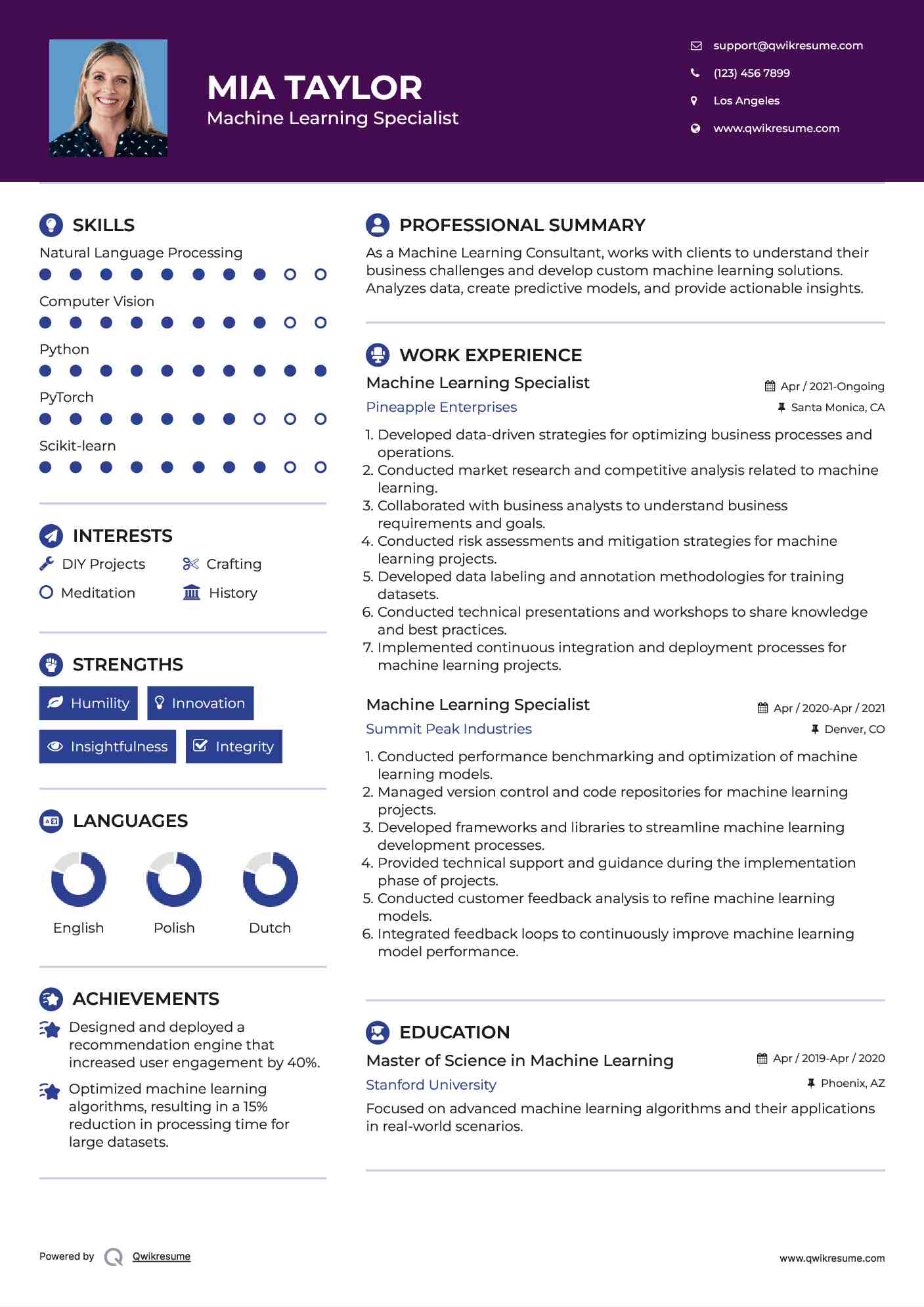 Machine Learning Specialist Resume Sample