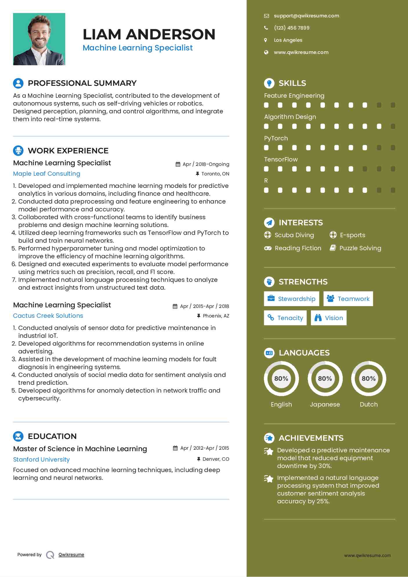 Machine Learning Specialist Resume Template