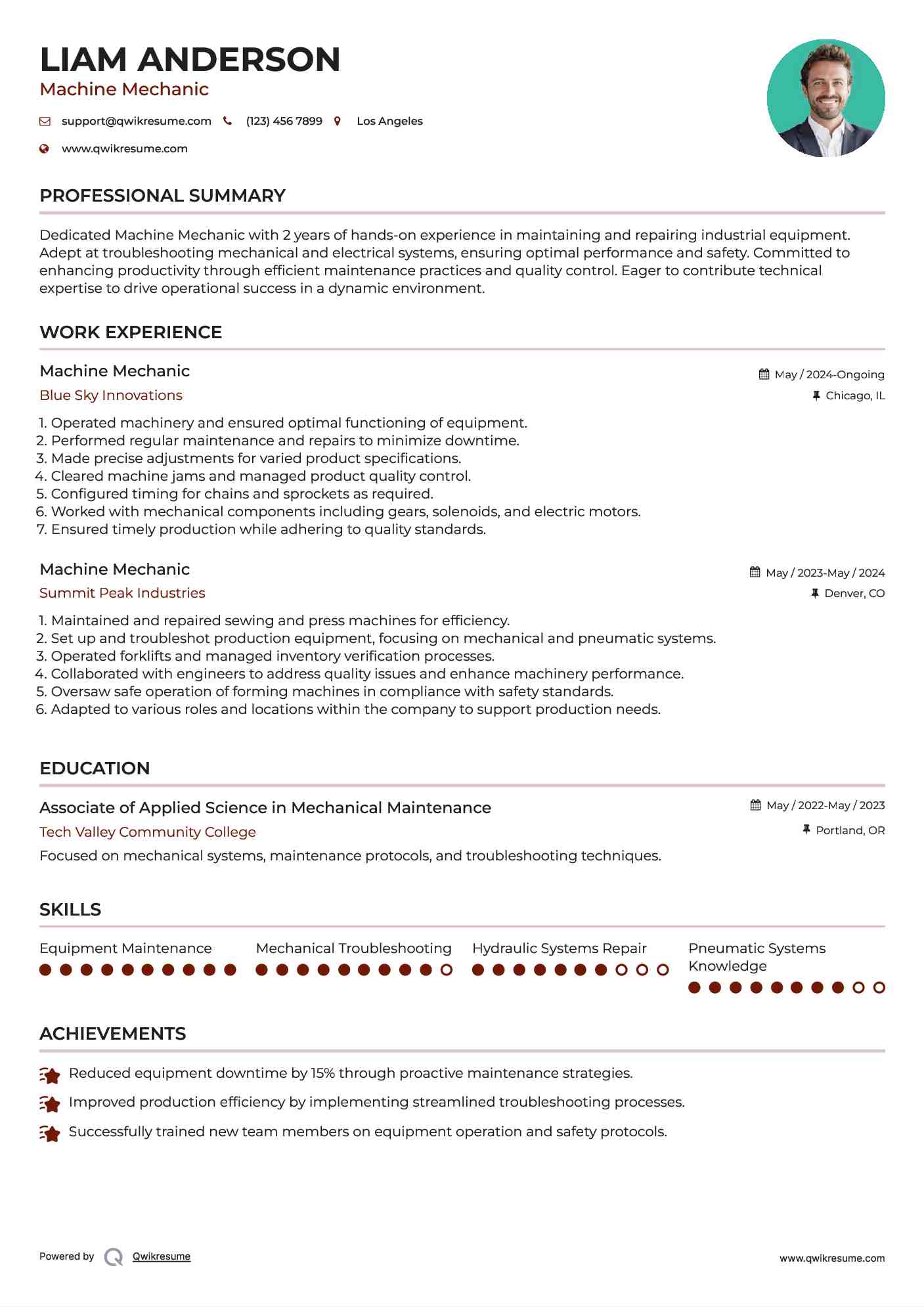 Machine Mechanic Resume Sample