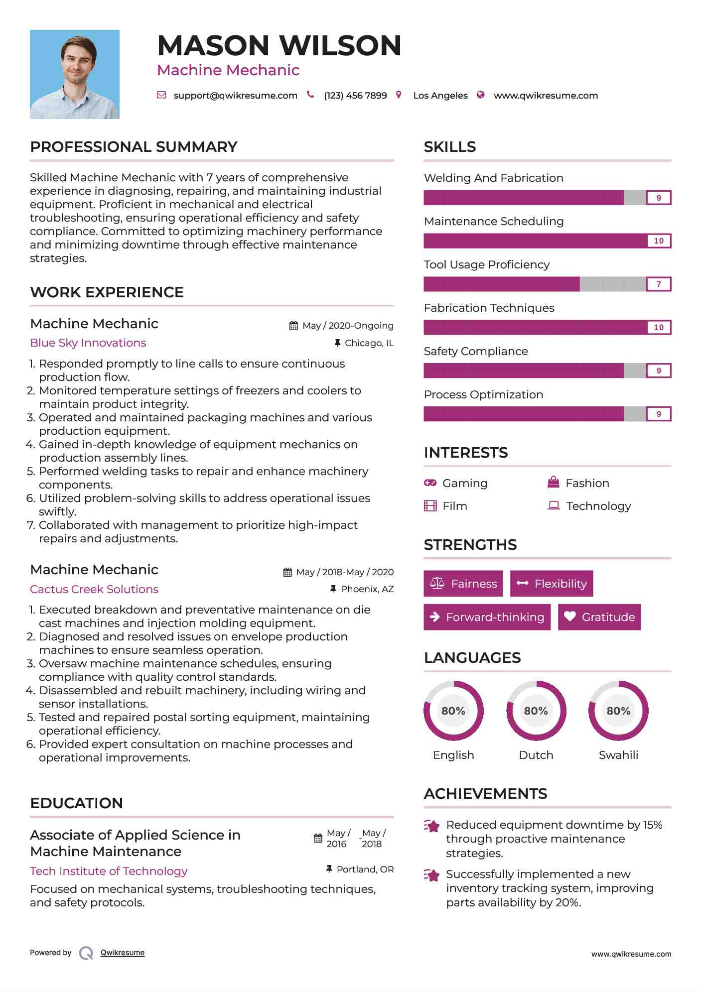 Machine Mechanic Resume Model