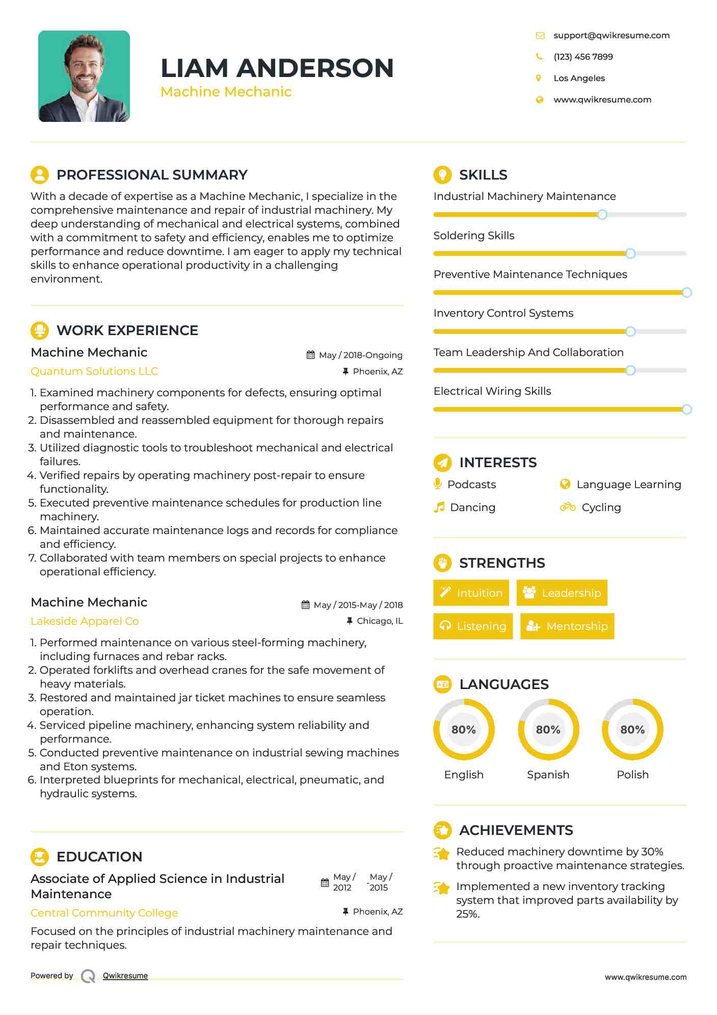 Machine Mechanic Resume Sample