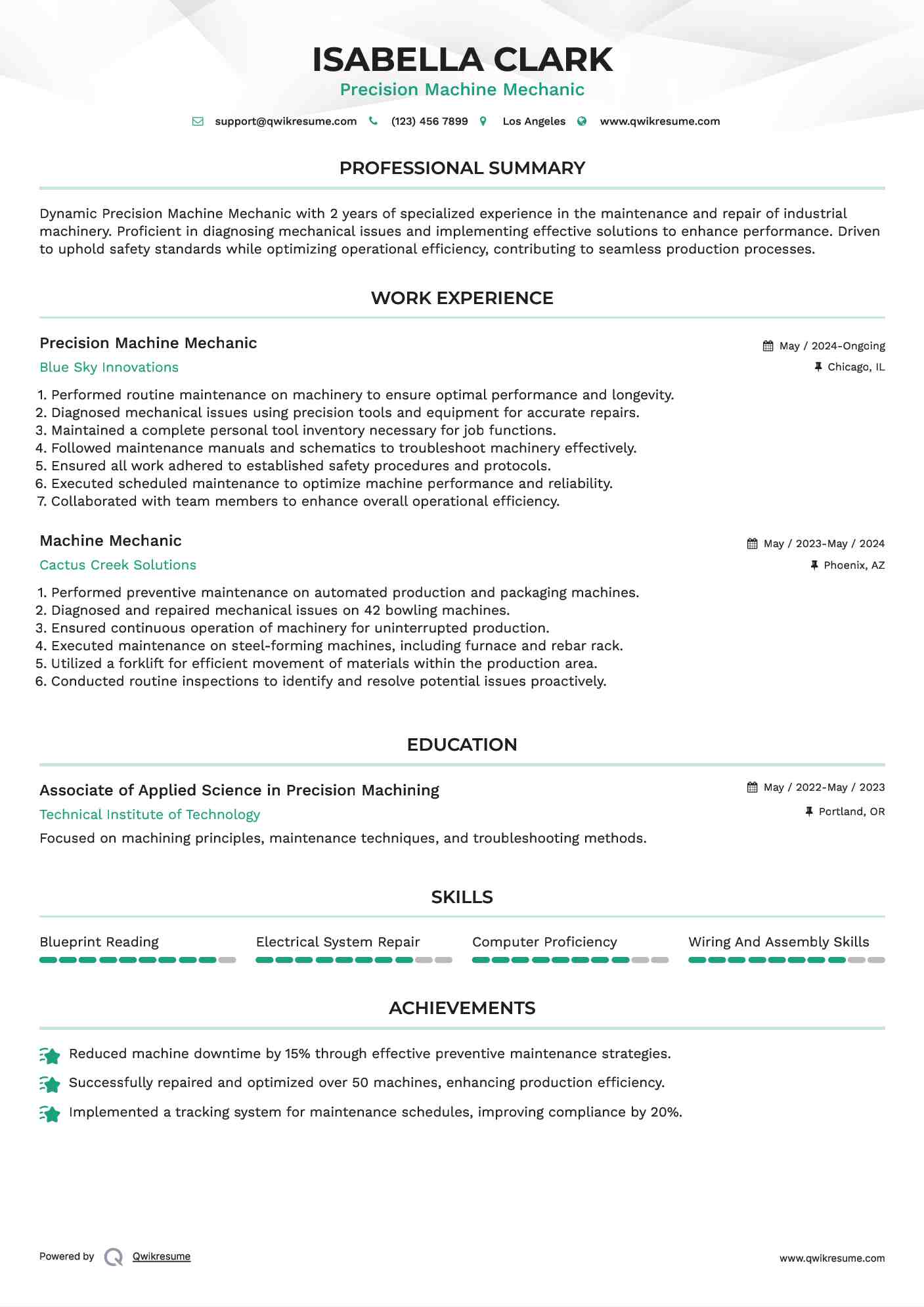 Precision Machine Mechanic Resume Example