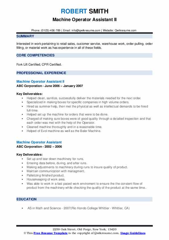 Machine Operator Assistant Resume Samples | QwikResume