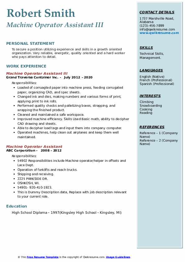 Assistant Machine Operator Job Description at Thomas Castillo blog