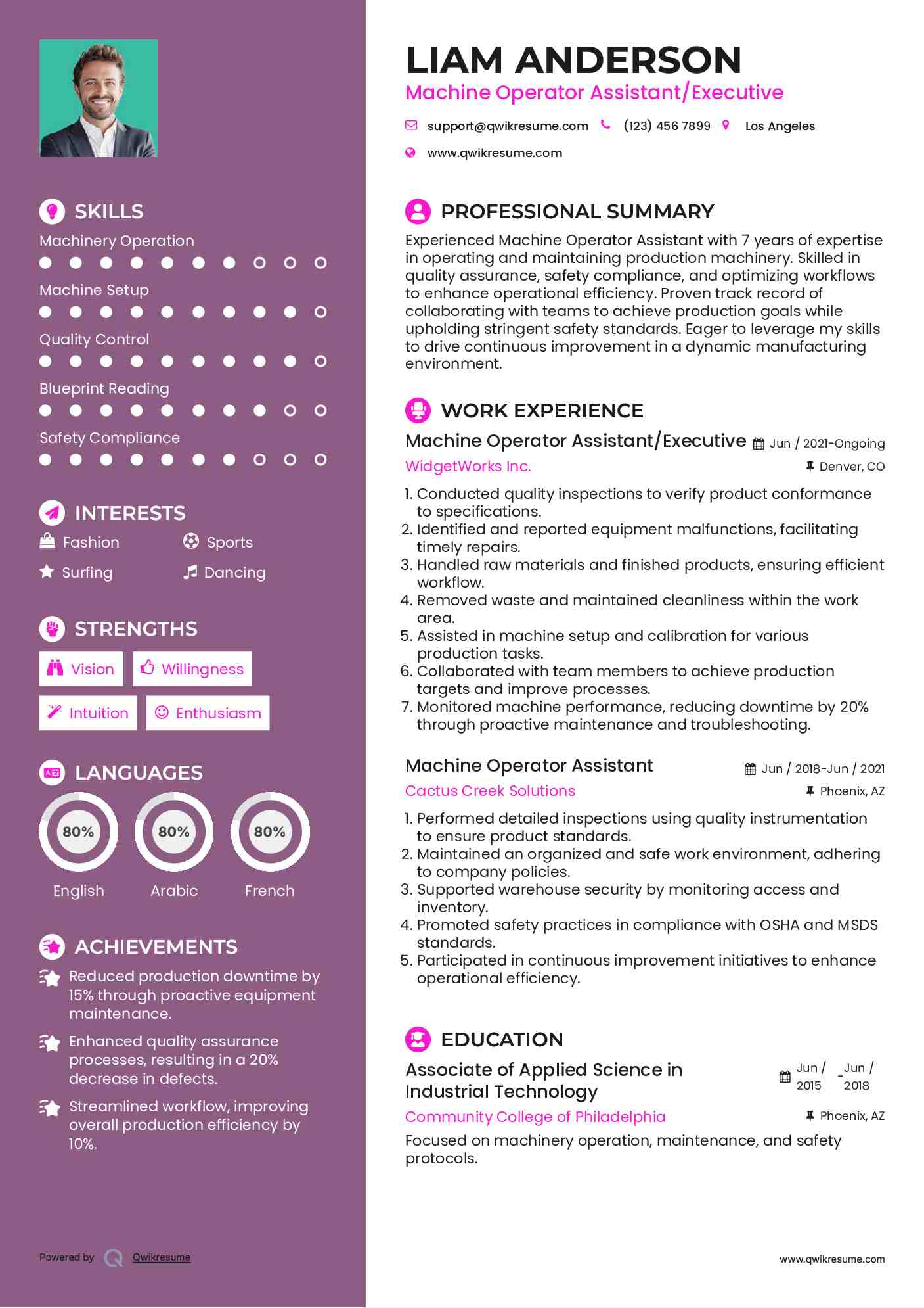 Machine Operator Assistant Resume Samples | QwikResume