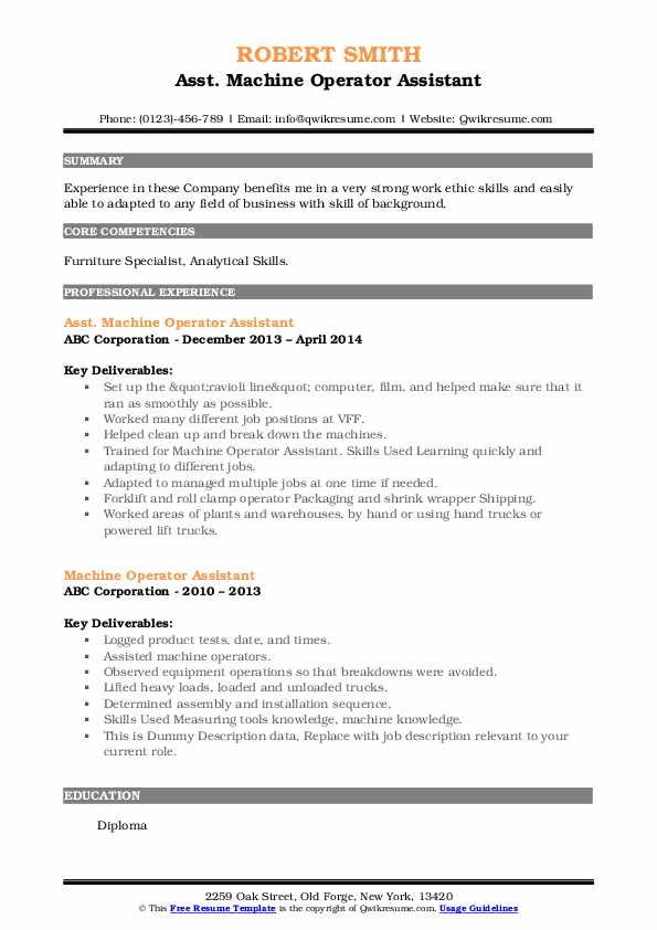 Machine Operator Assistant Resume Samples | QwikResume