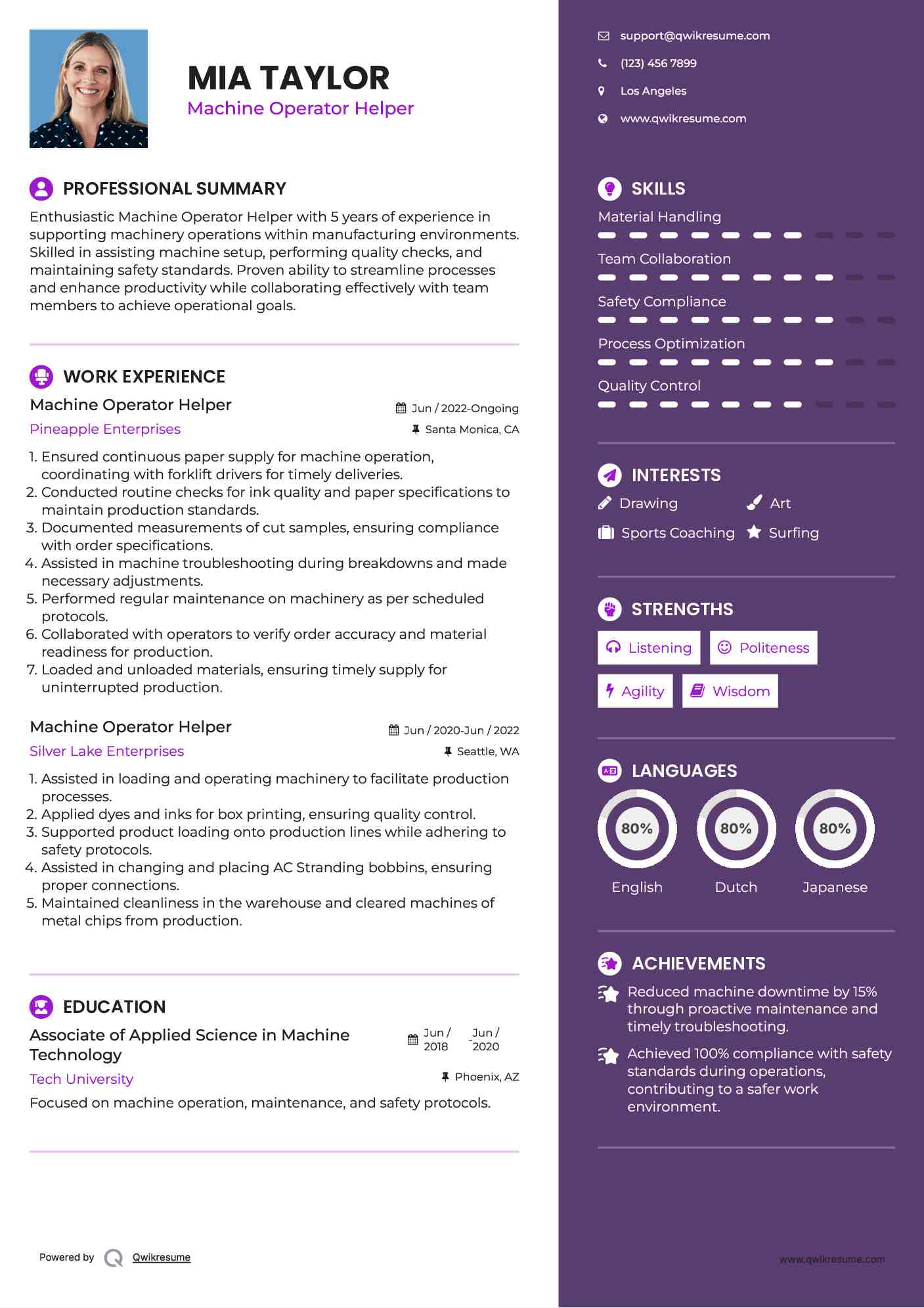Machine Operator Helper Resume Format