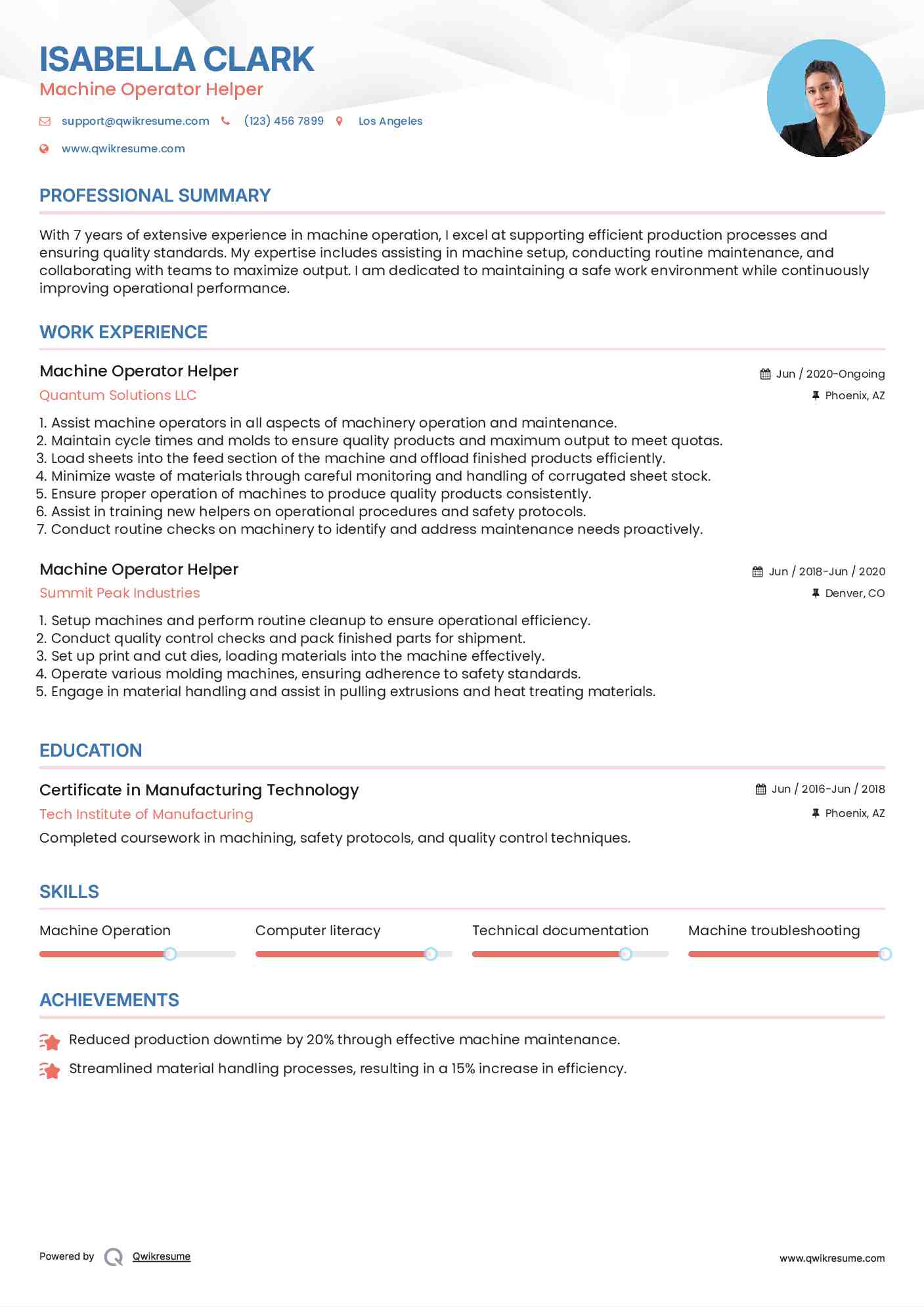 Machine Operator Helper Resume Example
