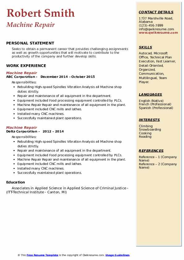 Machine Repair Resume Samples QwikResume
