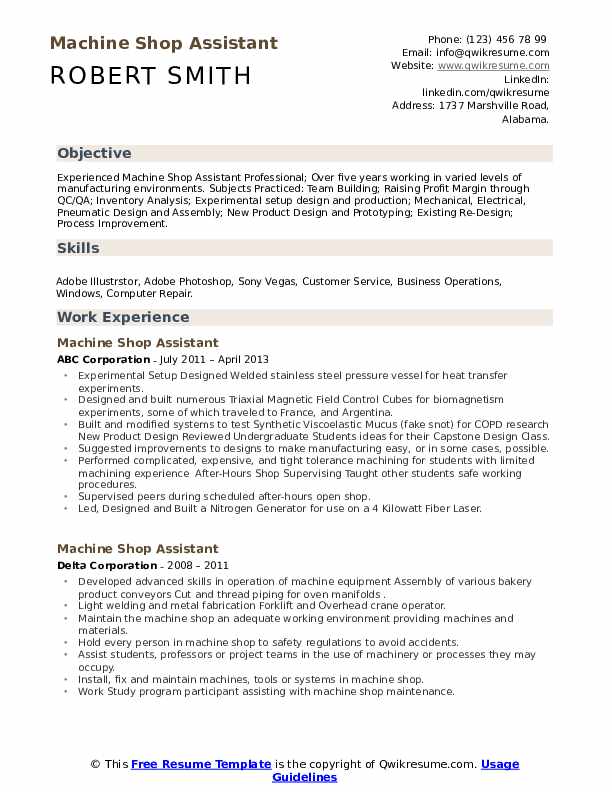 Machine Shop Assistant Resume Samples QwikResume