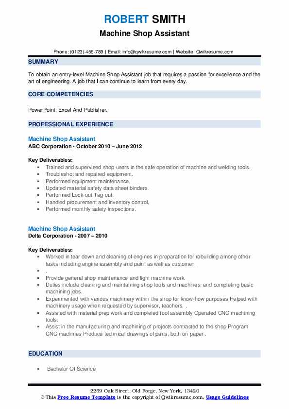 Machine Shop Assistant Resume Samples QwikResume