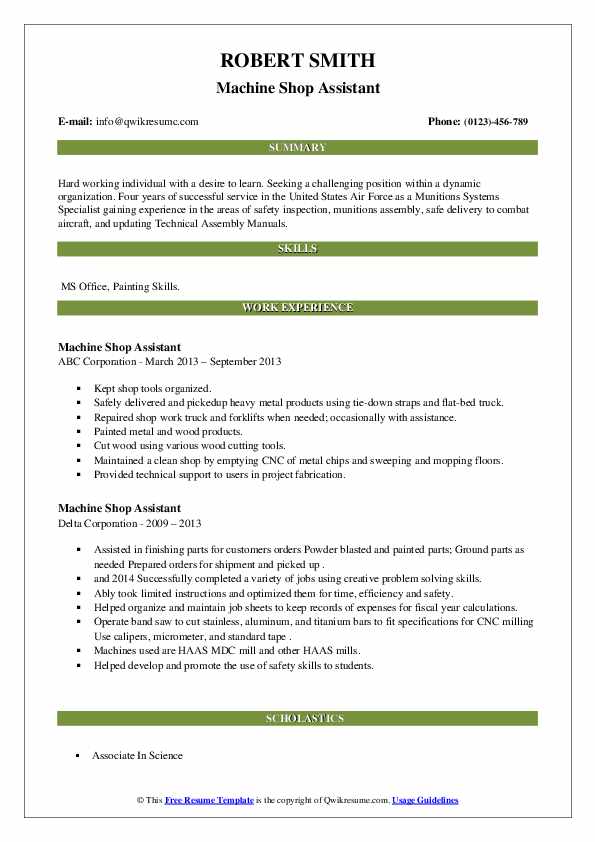 Machine Shop Assistant Resume Samples QwikResume
