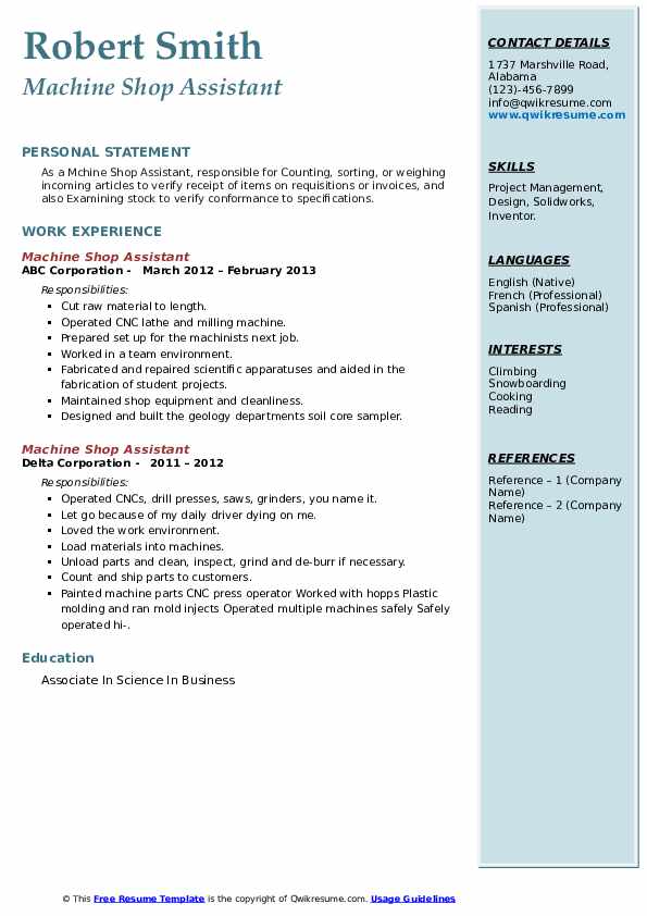 Machine Shop Assistant Resume Samples QwikResume