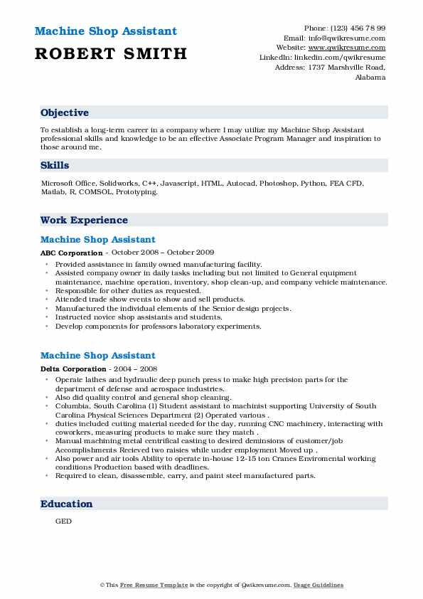 Machine Shop Assistant Resume Samples QwikResume