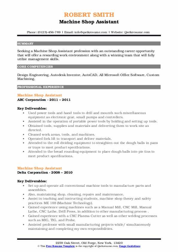 Machine Shop Assistant Resume Samples QwikResume