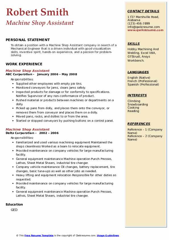 Machine Shop Assistant Resume Samples QwikResume
