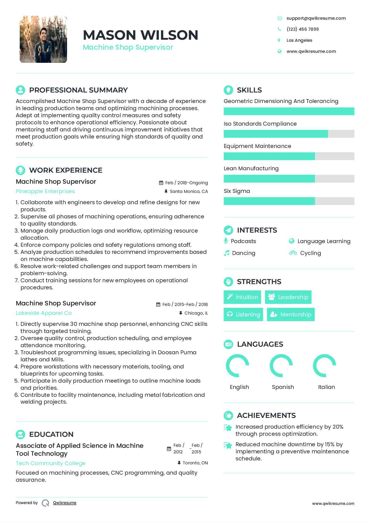 Machine Shop Supervisor Resume Example