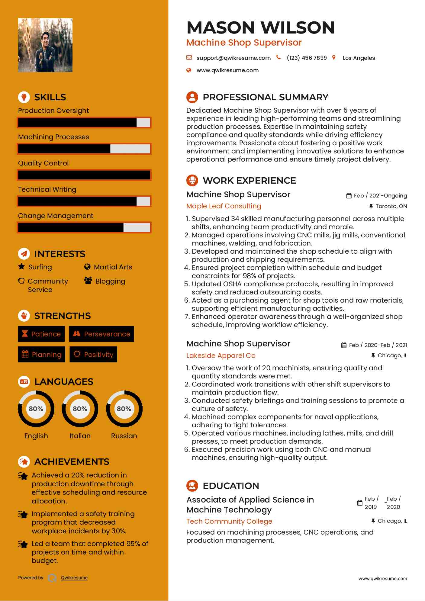 Machine Shop Supervisor Resume Model