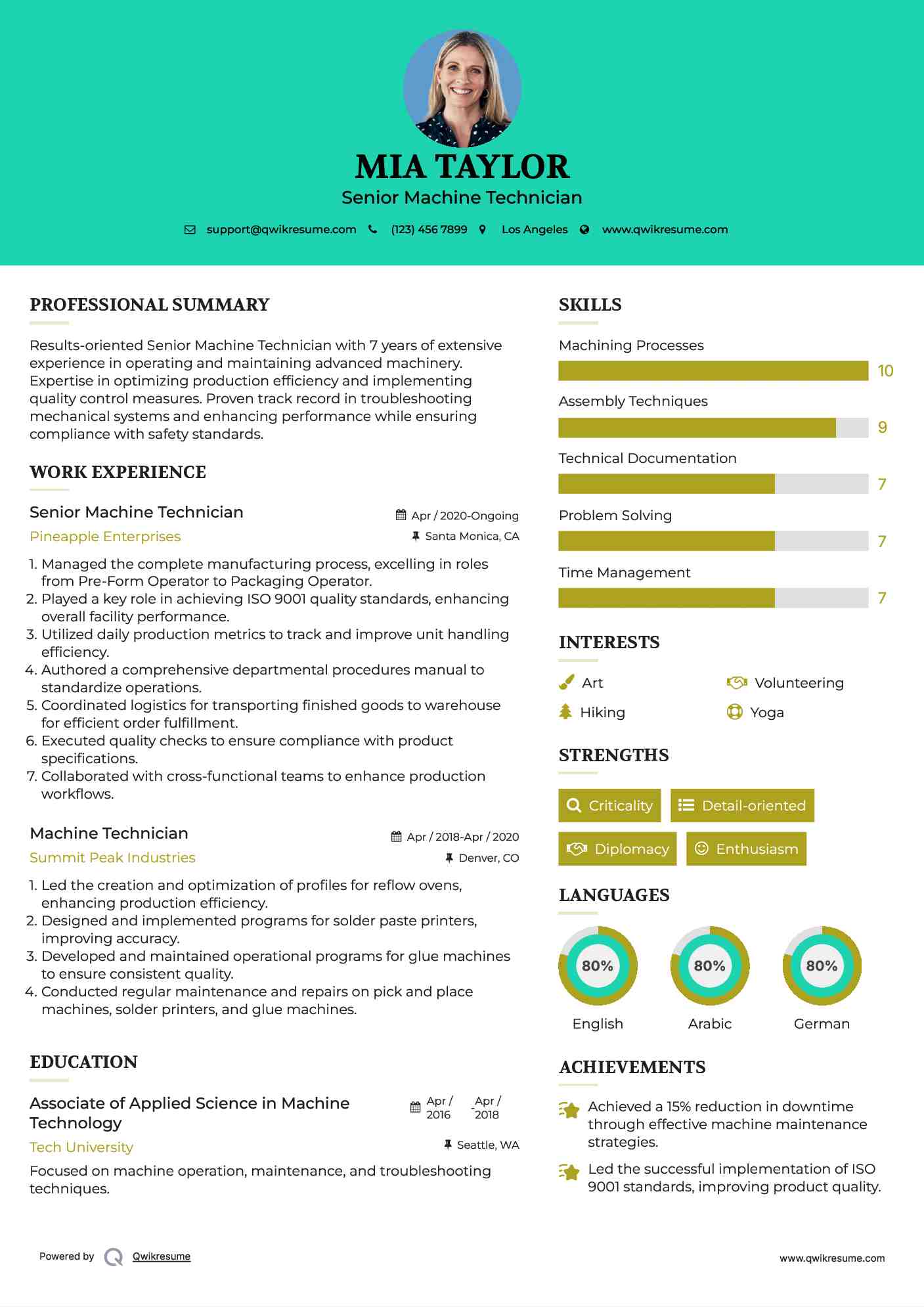 Senior Machine Technician Resume Model