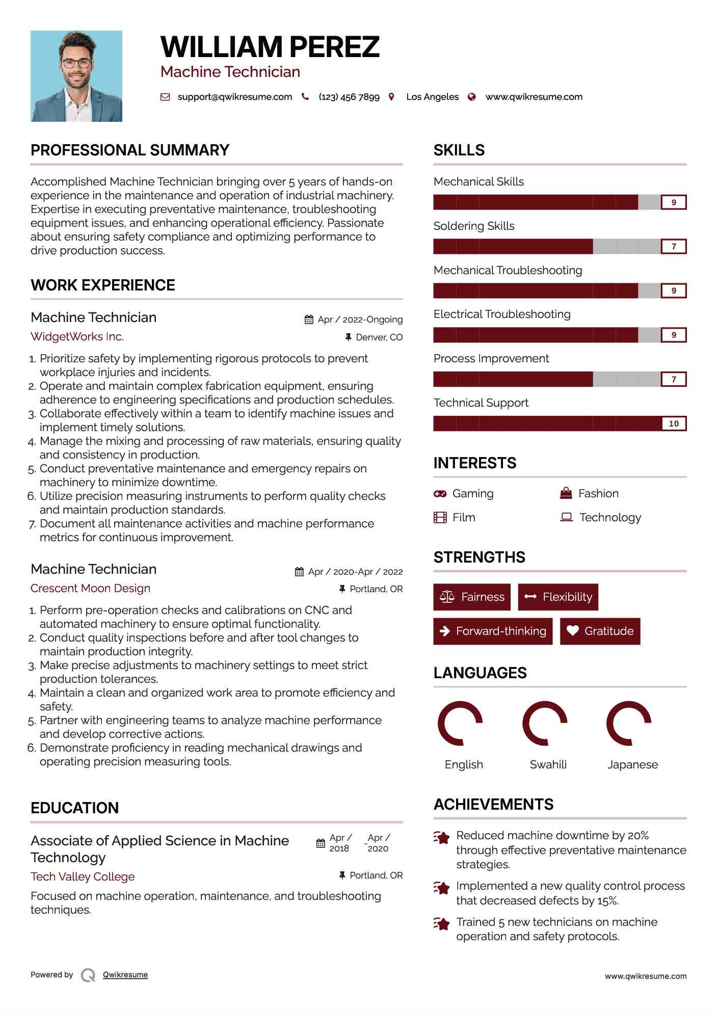 Machine Technician Resume Template
