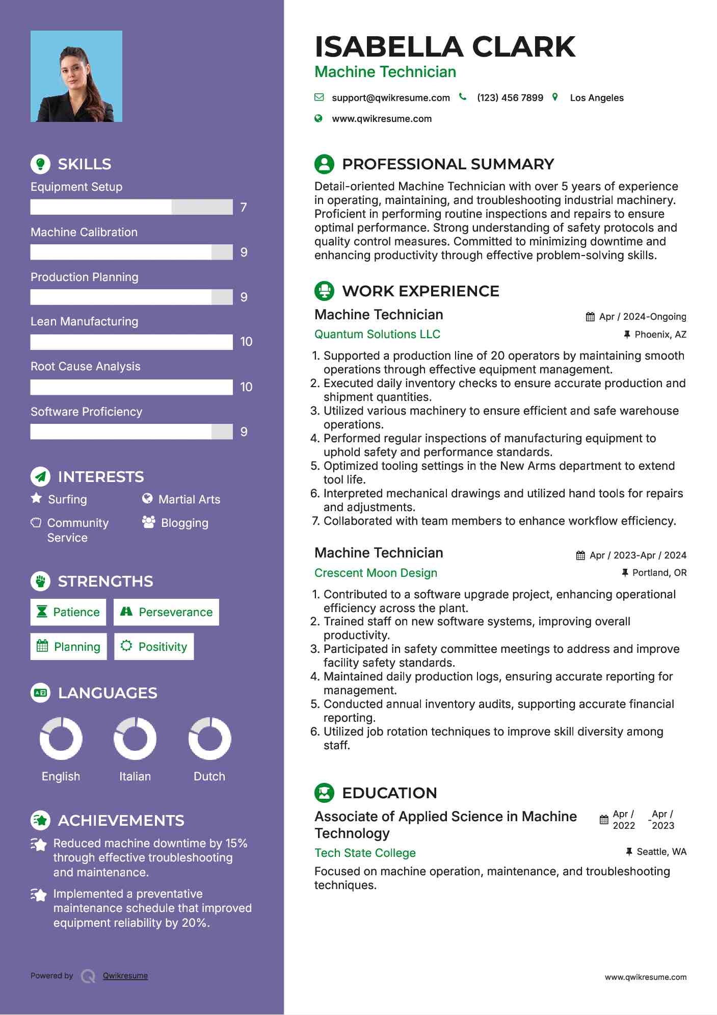 Machine Technician Resume Sample