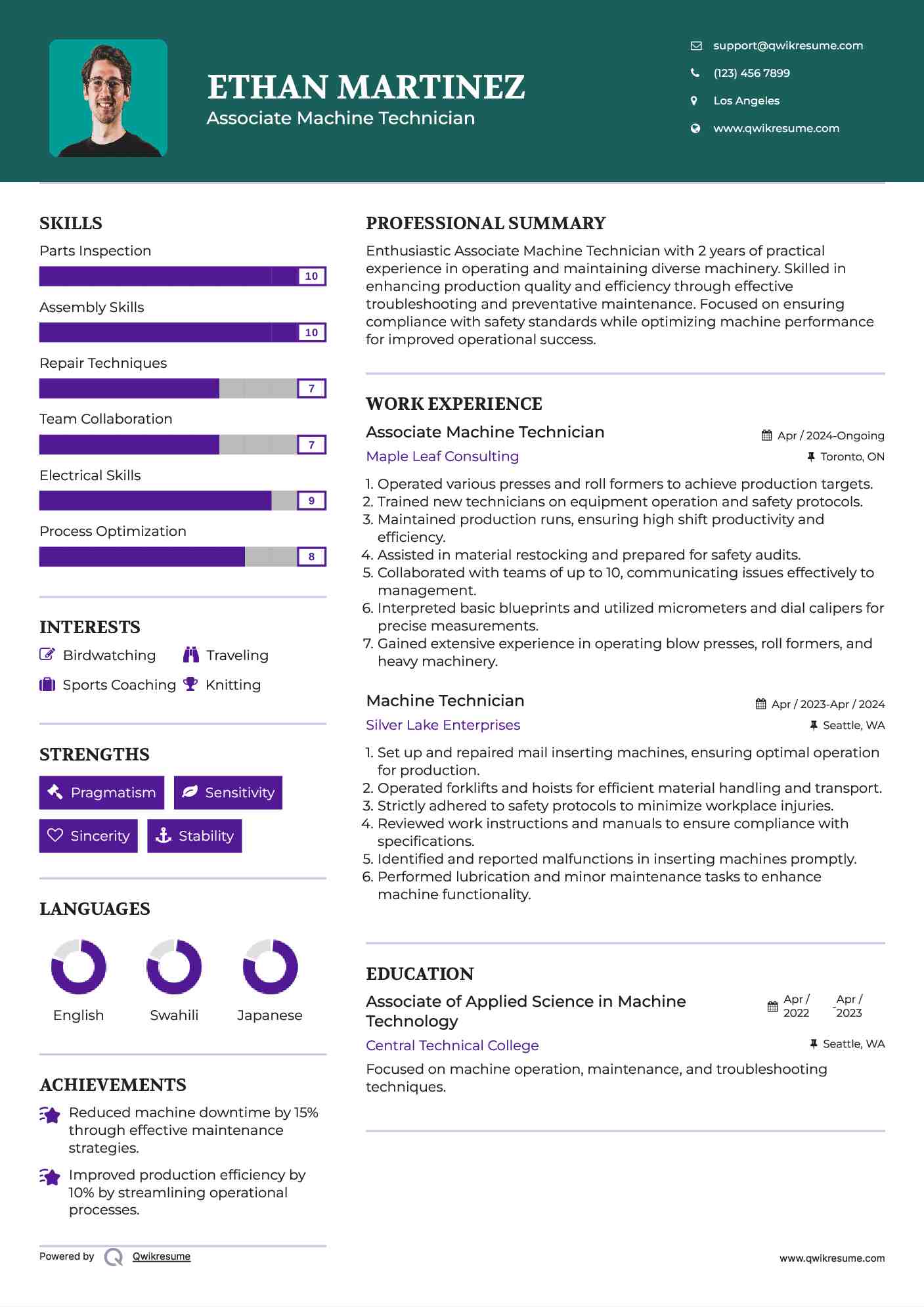 Associate Machine Technician  Resume Example