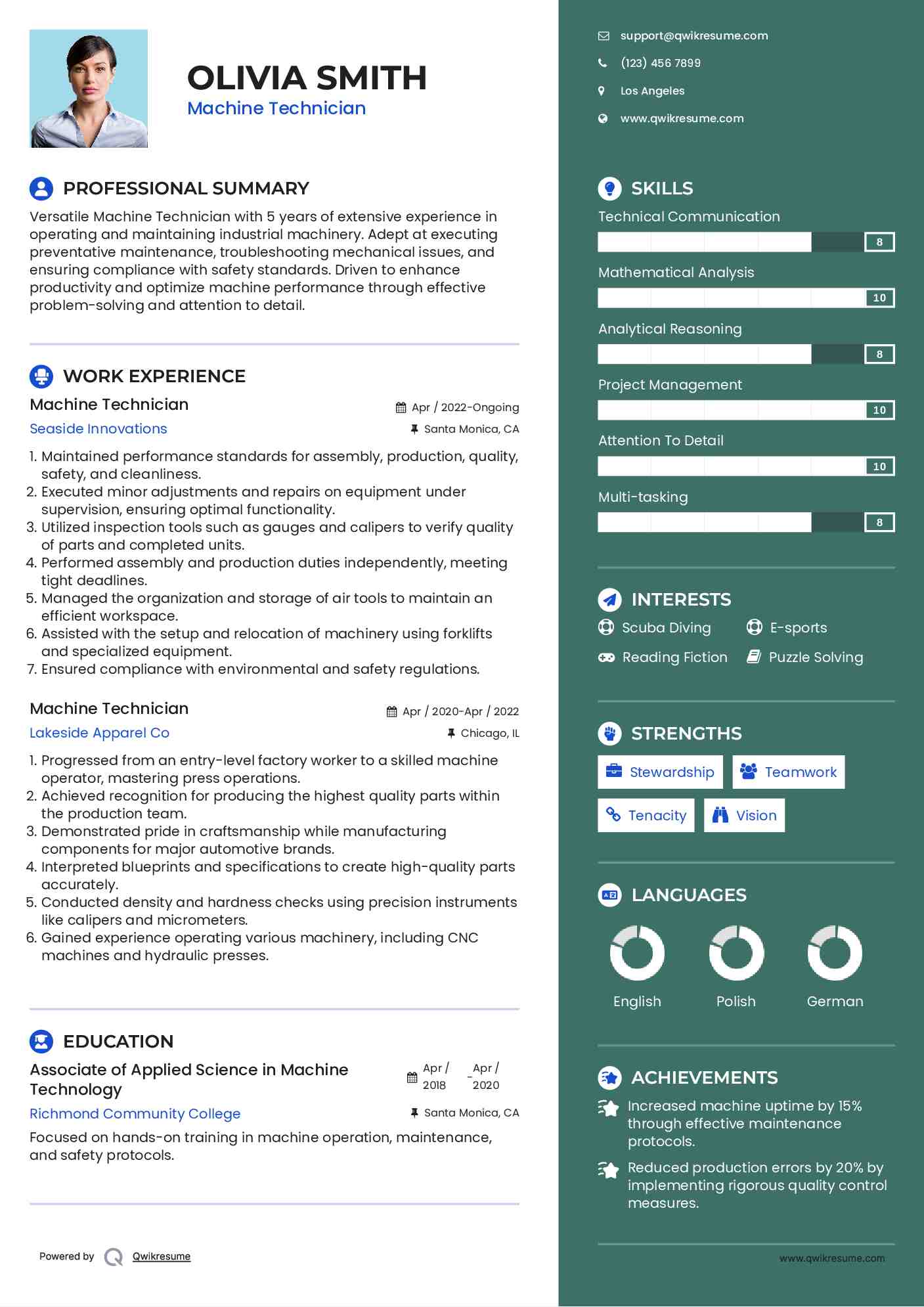Machine Technician Resume Template
